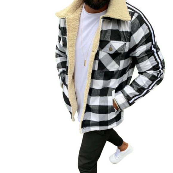Men's Plaid Check Fur Lined Thick Coat Casual